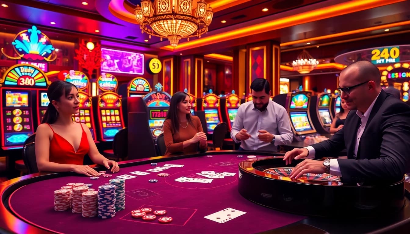 Experience the excitement of gambling at 789P with luxurious casino tables and vibrant slot machines.