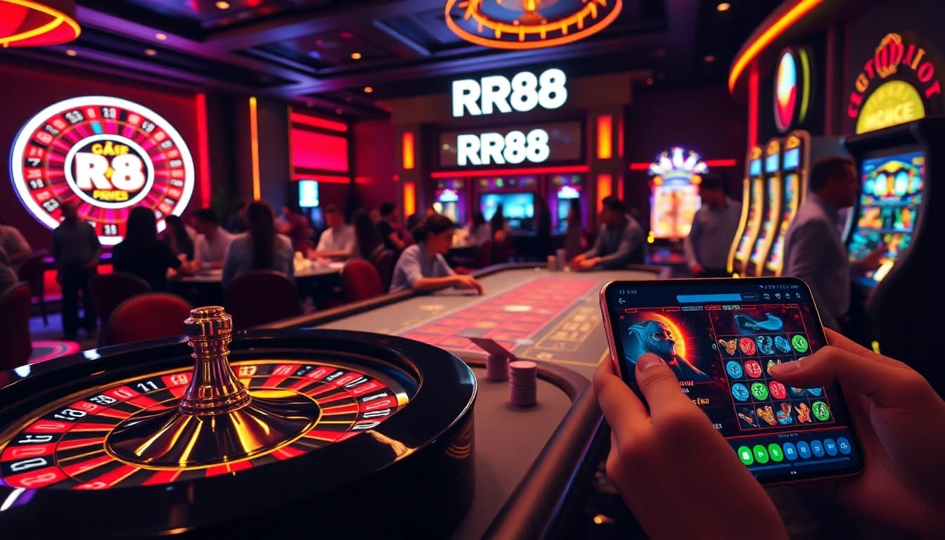 Engage with RR88 casino’s exciting gambling environment featuring poker tables, roulette wheels, and vibrant slot machines.