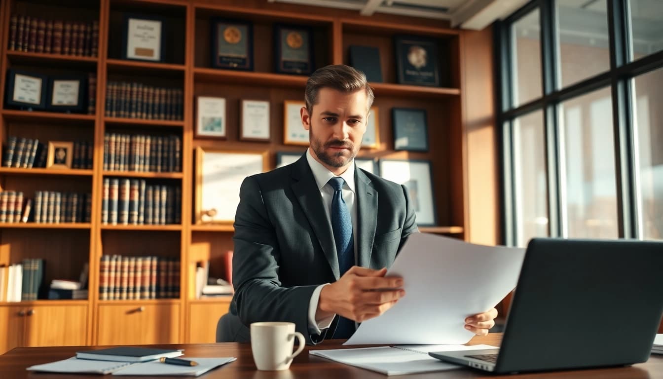 Lawyer assessing case documents at https://www.davidhardawaylaw.com in a professional environment.