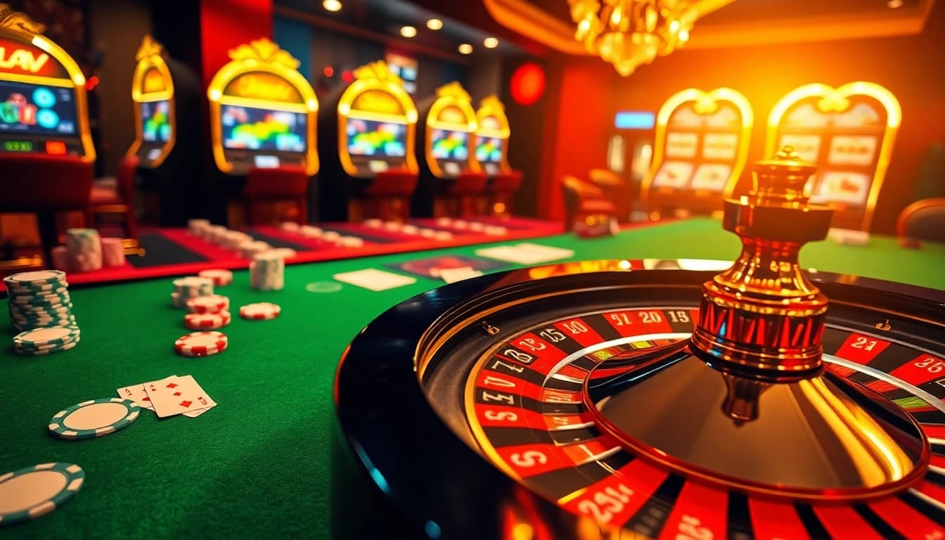 Vivez un gameplay captivant dans un casino en ligne de luxe avec une roulette qui tourne.