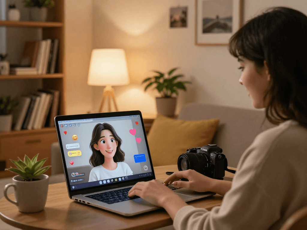 AI girlfriend interaction in a cozy room with a woman and laptop.
