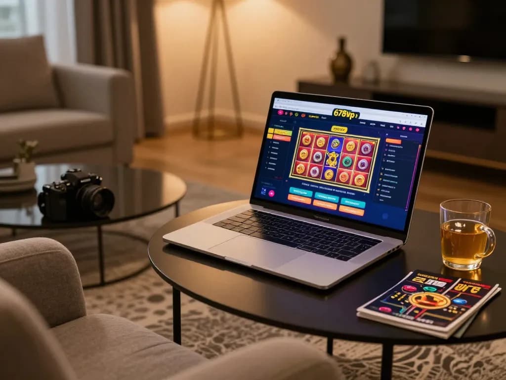 Player engaging with the 678vip online casino platform, enjoying a cozy gaming setup at home.