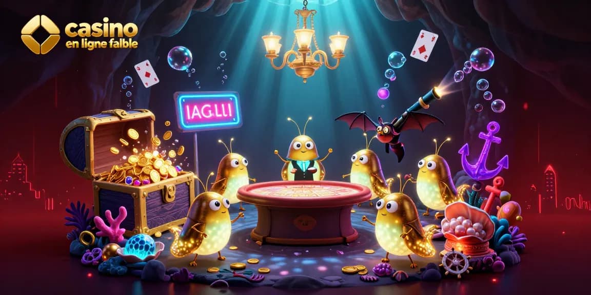 Plongez dans le monde captivant de casino en ligne fiable avec une illustration de casino sous-marin illuminé par des vers luisants.