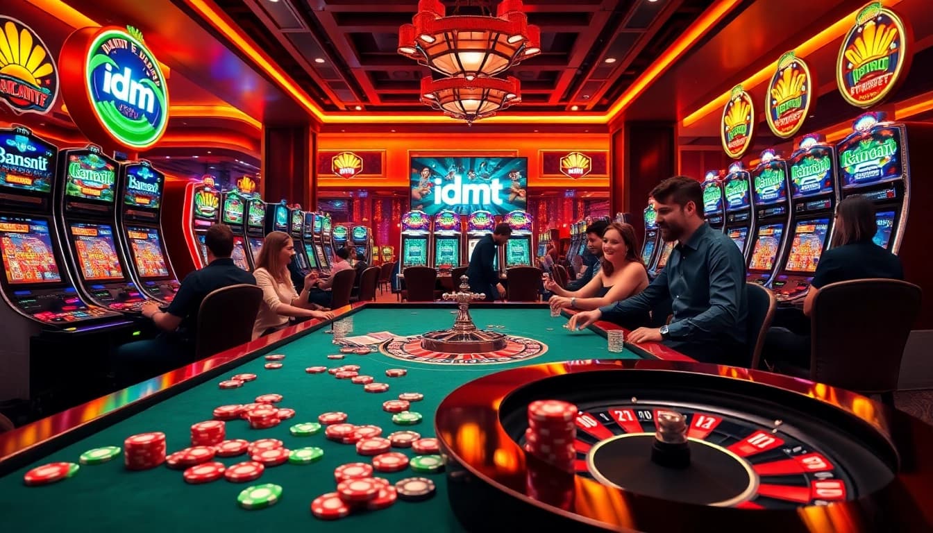 Engaging gamblers at an idnslot casino table surrounded by luxury slots and vibrant gaming action.