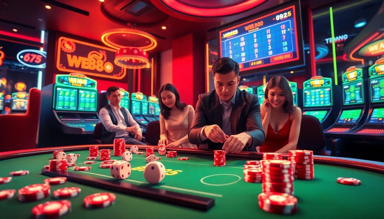 Exciting online gambling at WE88 featuring virtual casino tables and colorful slot machines.