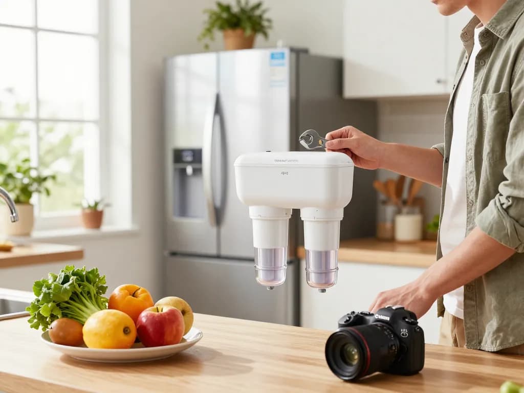Homeowner installing the Waterdrop UKF8001 Refrigerator Water Filter 4 in a bright kitchen, emphasizing health and home improvement.
