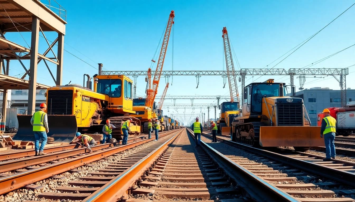 Ratilroad Track Construction Compary crew efficiently installing rails and machinery at a train station.