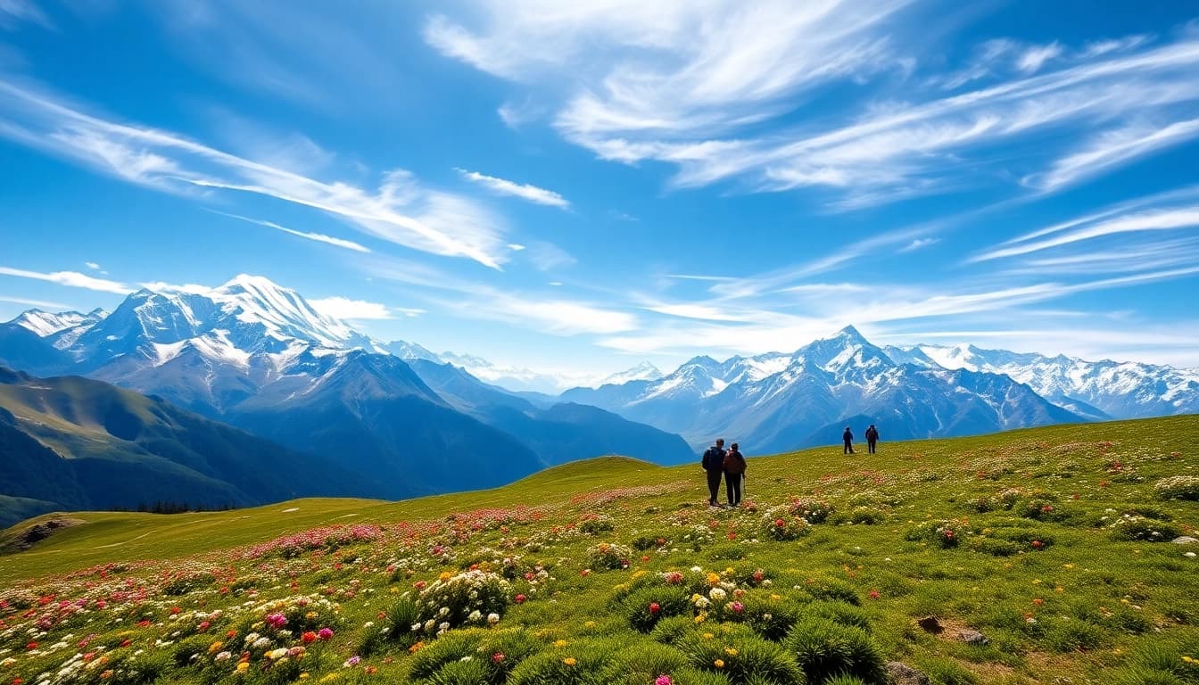 Experience the breathtaking views of the Goechala trek with trekkers in alpine meadows and towering mountains.