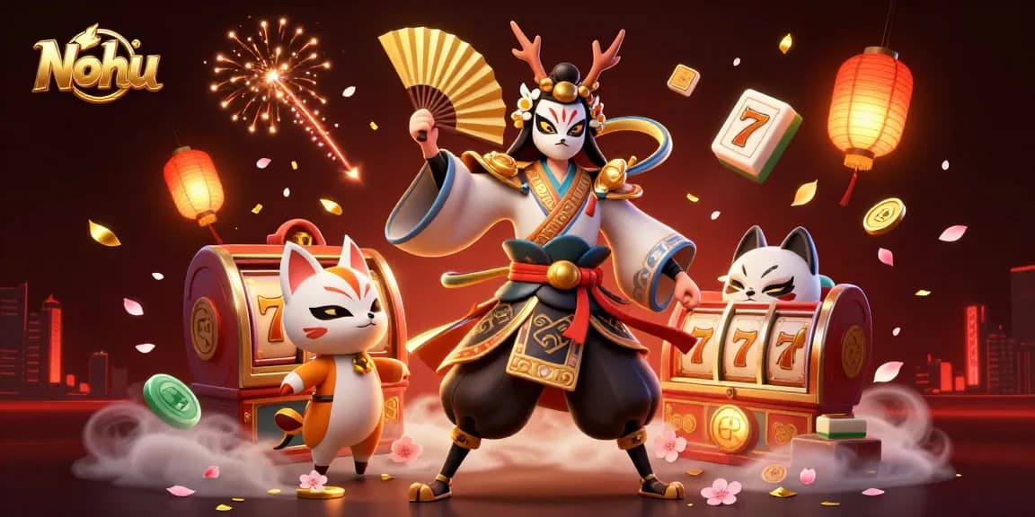 Nohu showcases dynamic slot gameplay with kabuki influences and vibrant winning elements.