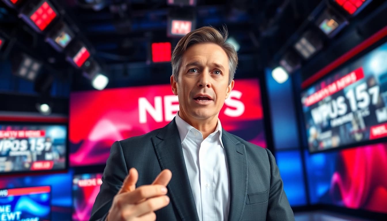 Convey breaking news updates with a dynamic anchor in a professional studio setting.