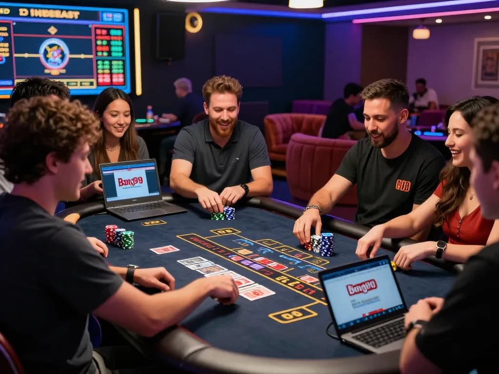 Exciting live casino gaming at https://bong99.pro/ with players cheering and colorful chips.