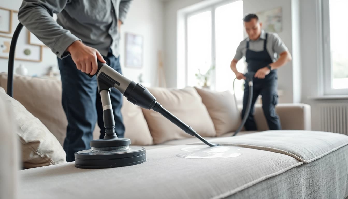Sofa cleaning Dubai showcasing a technician expertly steam cleaning a plush sofa.