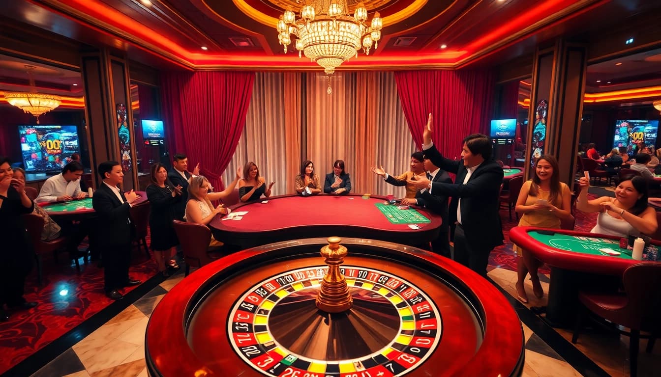 Experience the thrill of 89bet as players cheer at an exciting blackjack table in a luxurious casino setting.