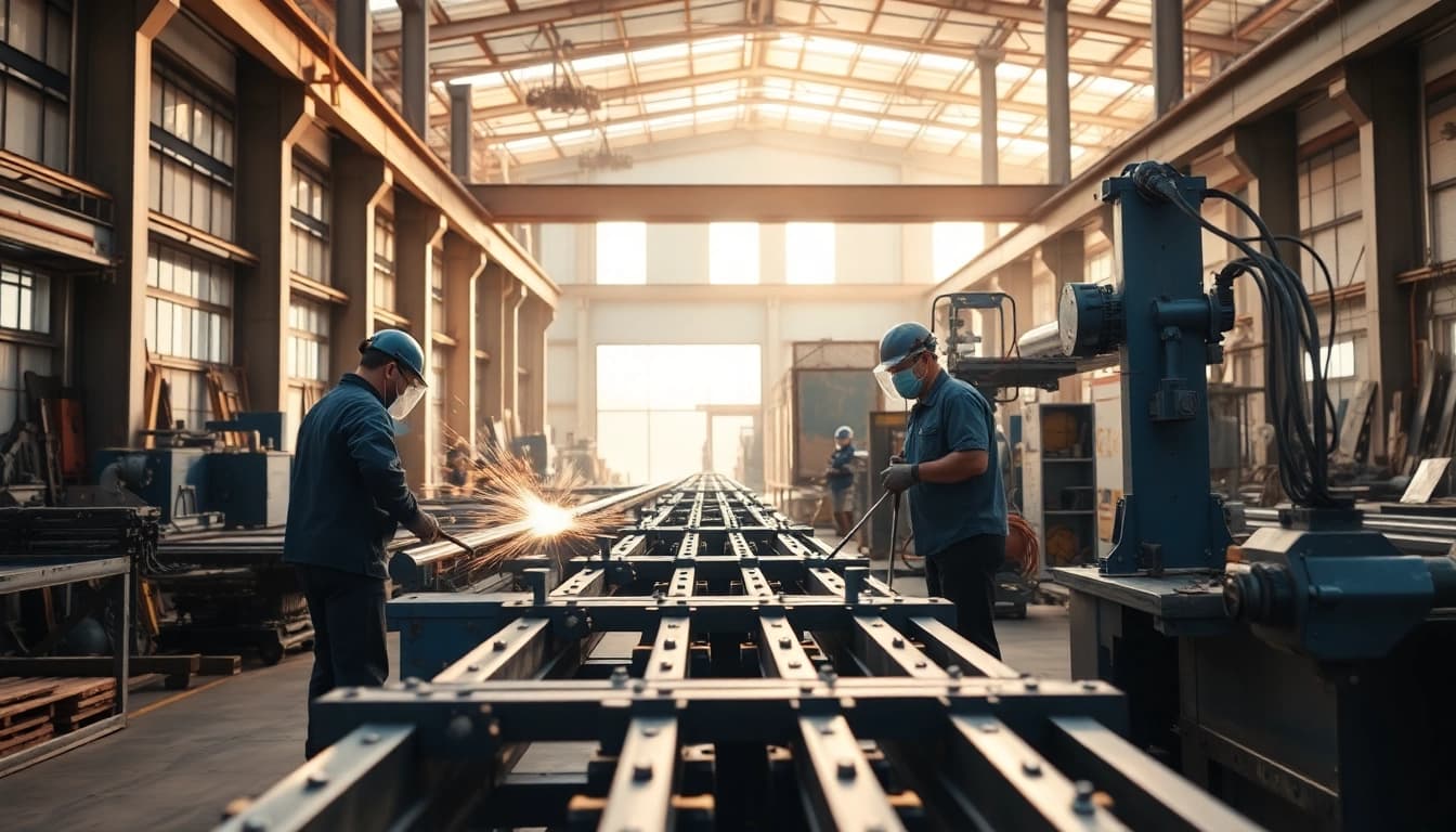 Craftsmen executing structural steel fabrication in a vibrant workshop setting with advanced machinery.