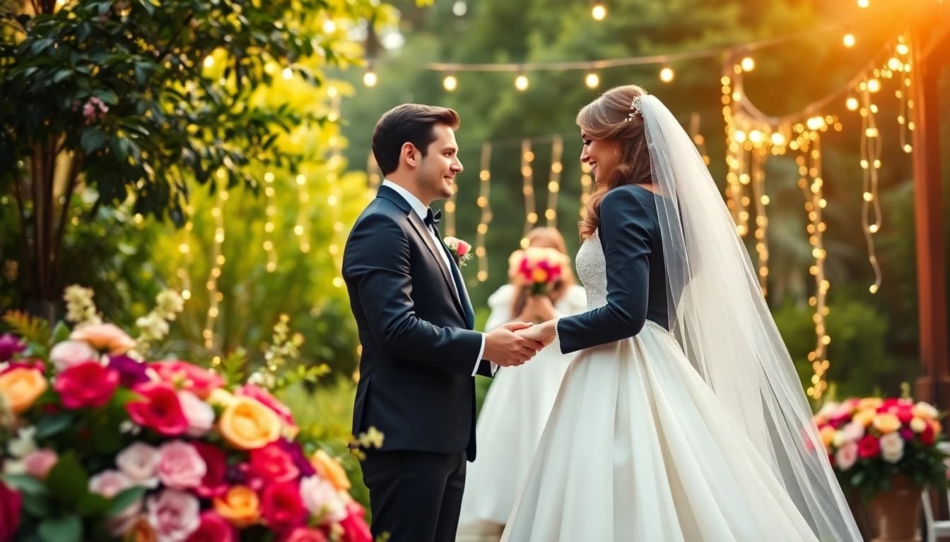 Wedding photographer capturing a couple's emotional vows during an outdoor ceremony.