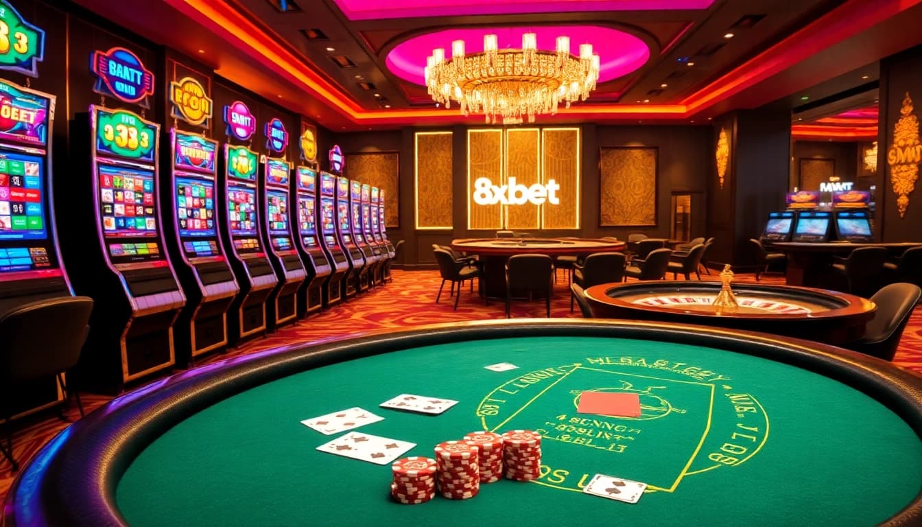 Experience the thrill of gambling at 8xbet's luxurious online casino with vibrant slot machines.