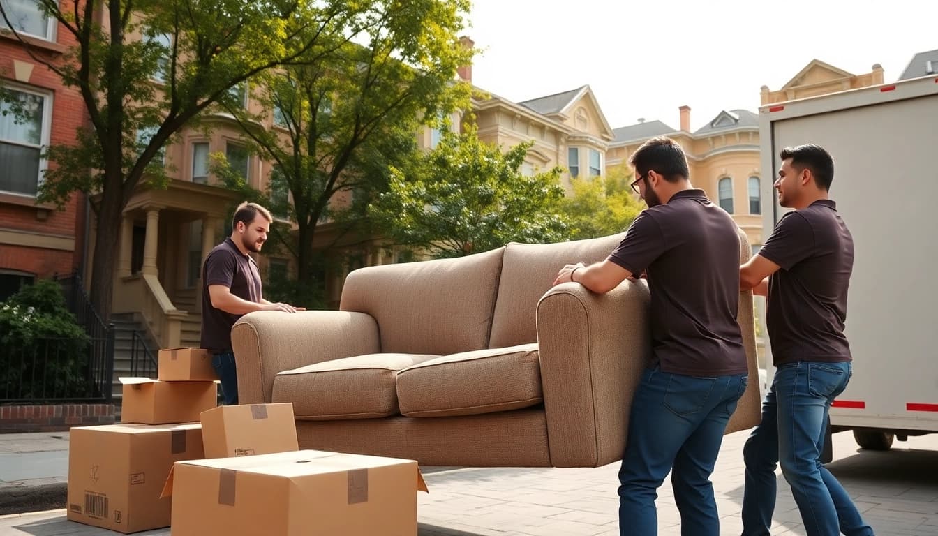 Local movers Boston helping a family move a sofa in a sunny neighborhood.