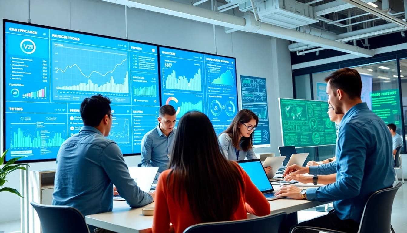 Showcasing https://benchbot.ai platform's AI testing interface in an innovative tech environment.
