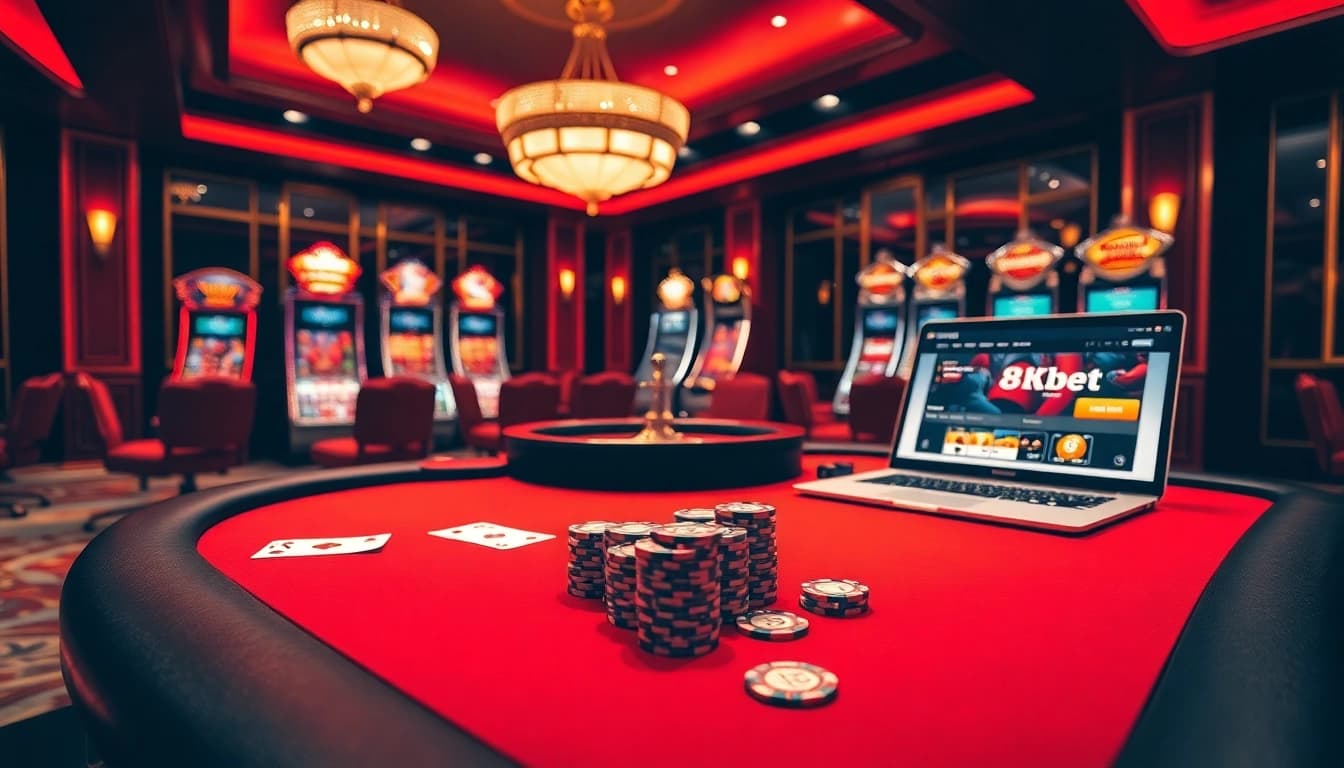 Experience the thrill of 8kbet at a luxurious casino setting with poker games and stylish slot machines.