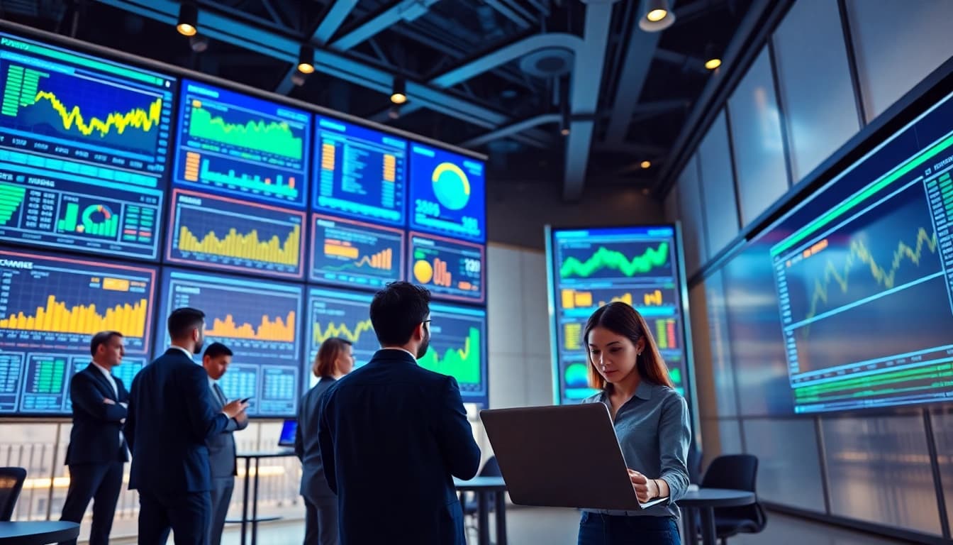 Dynamic visualization of Kamino Finance platform showcasing advanced analytics and user engagement in a modern office.