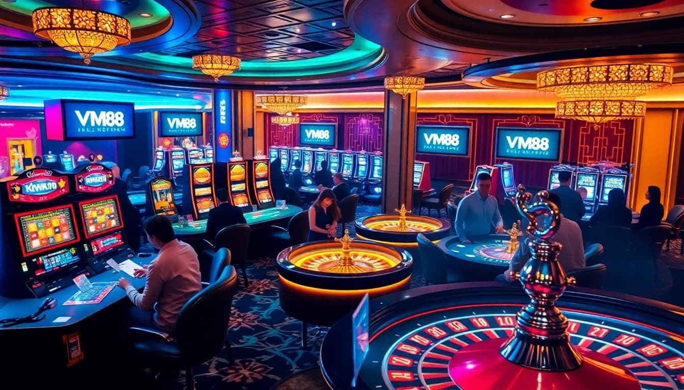 Experience the excitement of gaming at VM88 with vibrant casino tables and dynamic players.