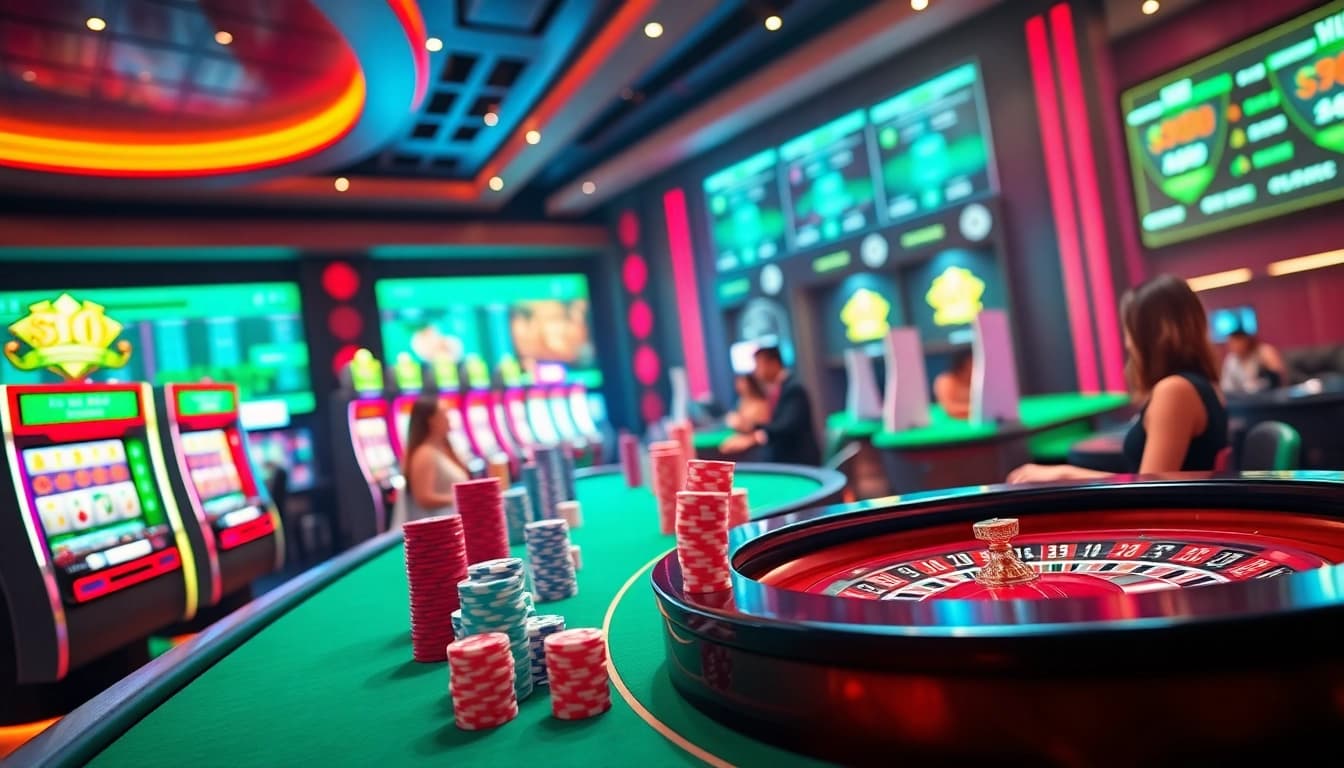 Engage in thrilling gameplay at Hi88's vibrant online casino, with poker chips and flashing slot machines.