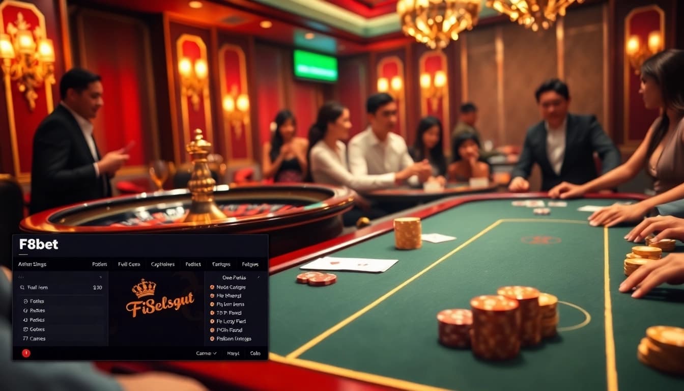 Players enjoying an exhilarating moment at F8bet's luxurious casino table, featuring vibrant cards and chips.