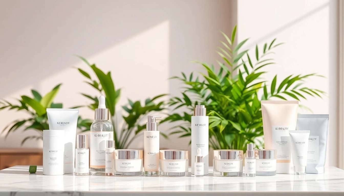 K-beauty hudvårdsprodukter noggrant arrangerade på en marmorbänkskiva med mjukt naturligt ljus.