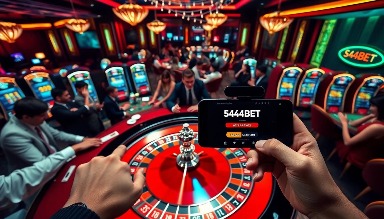 Players enjoying a thrilling game at a 54BET casino table with vibrant lights and excitement.