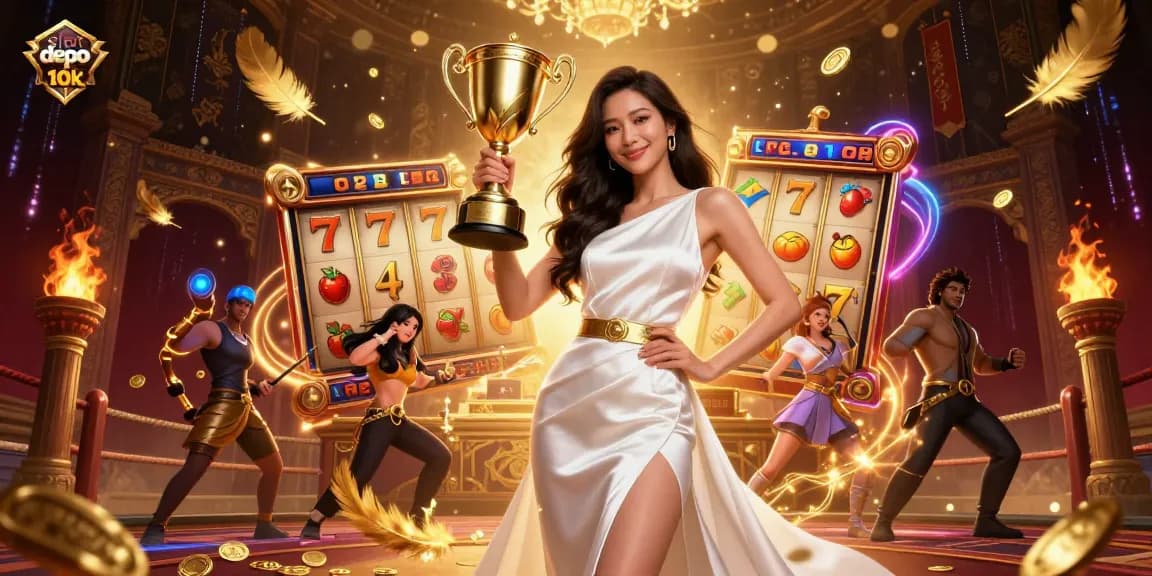Experience thrilling slots action with slot depo 10k, showcasing vibrant casino elements and a victorious character.