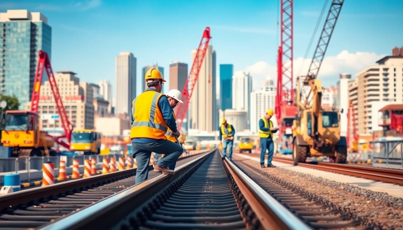 Railroad Contractors Near Me working on railway construction with equipment in the foreground.