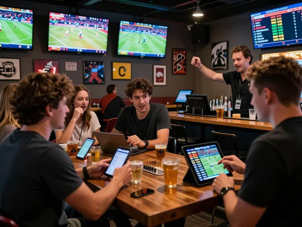 SBOBET sports bettors engaging with mobile apps during live matches in a lively bar setting