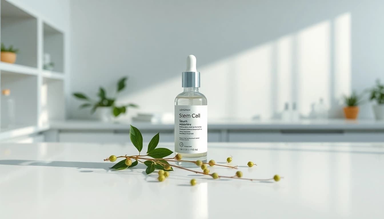 Enhance your routine with this stem cell skincare serum, showcasing botanical elements for natural beauty.