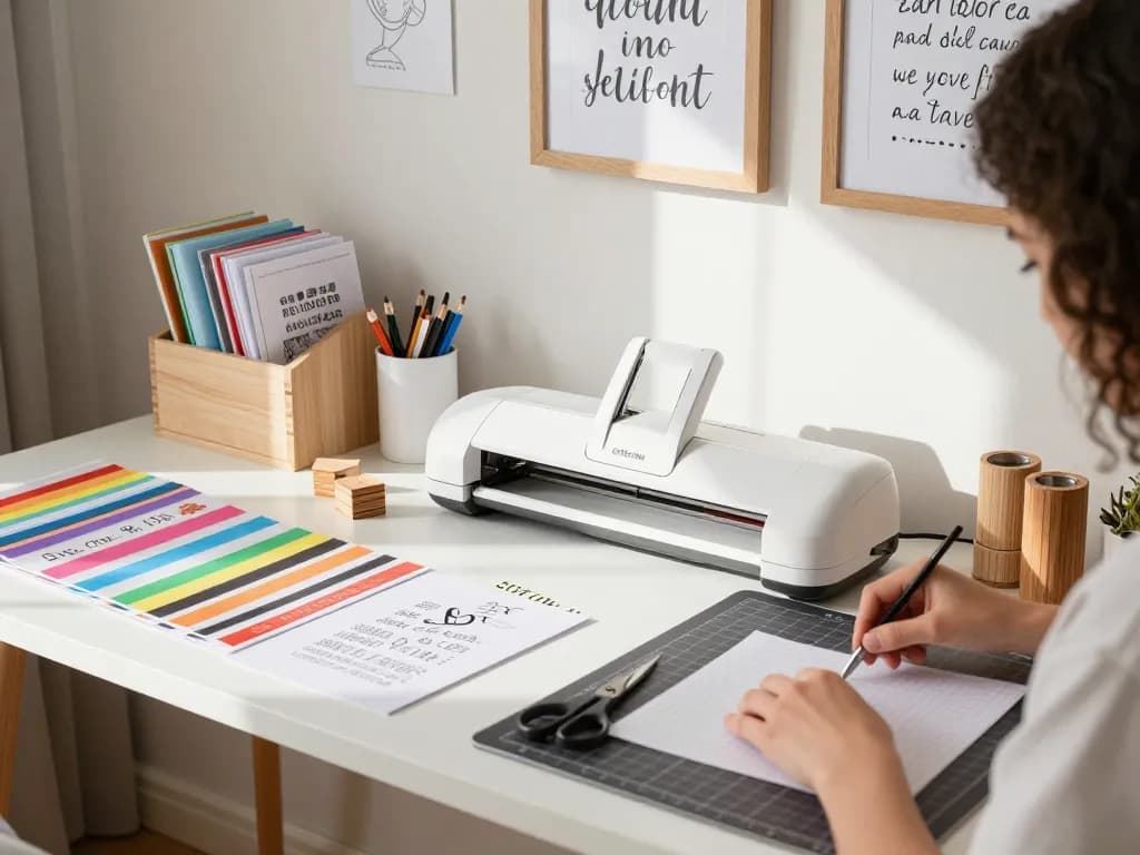 Cricut designer working with Svg files and vibrant crafting materials in a cozy studio