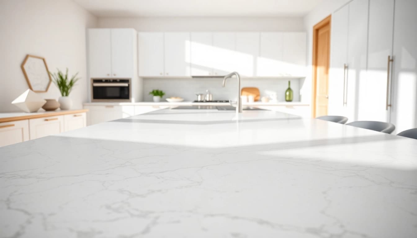 Stunning Quartz Kitchen Worktops displayed in a sleek, modern kitchen with natural light.