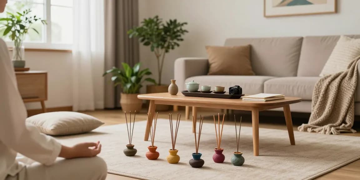 Experience the calming ambiance with best-organic-incense-sticks in a serene meditation space, showcasing natural elements.