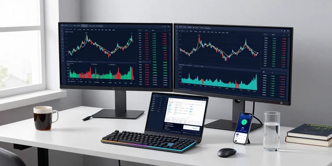 Beginner cloud mining platform setup in a modern workspace featuring cryptocurrency charts and digital wallets, emphasizing security and innovation.