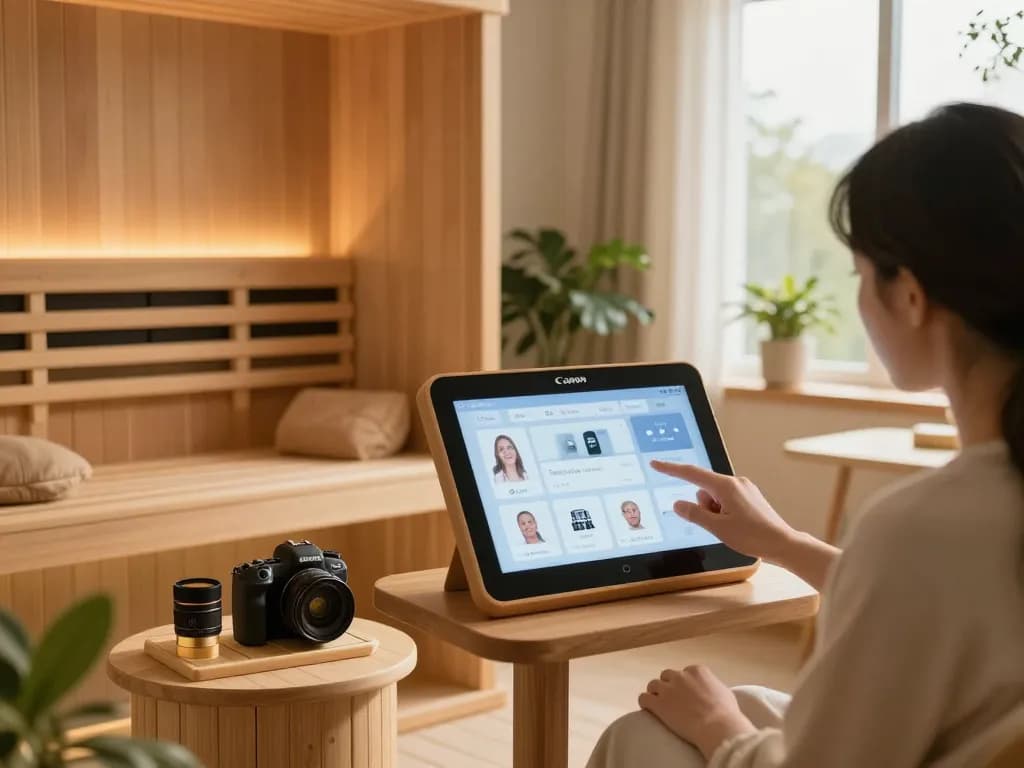 Interactive sauna 3D design where a user customizes sauna features in a warm home setting.