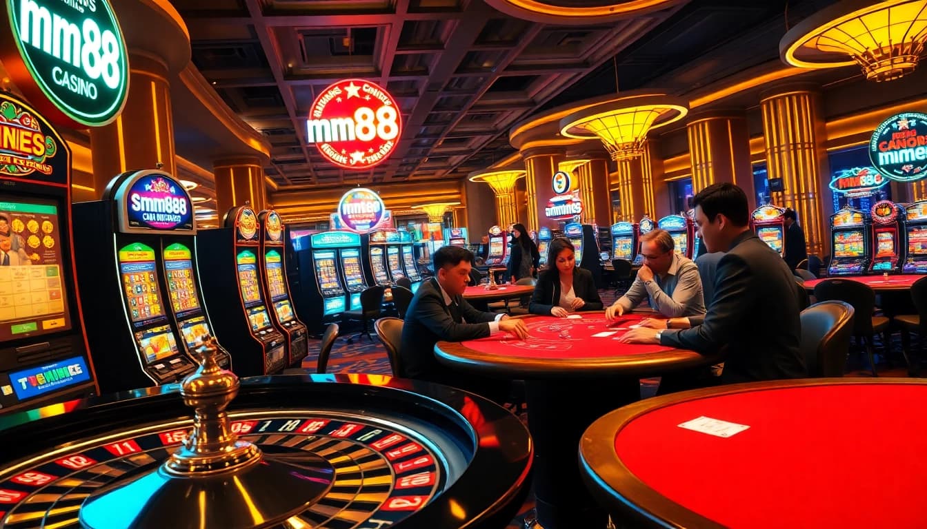 Experience high-stakes thrills at mm888’s vibrant casino floor with poker players and roulette excitement.