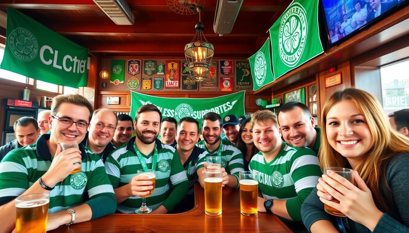 Feiernde Fans des csc hamburg in einer lebhaften Bar mit bunten Bannern und Teamfarben.