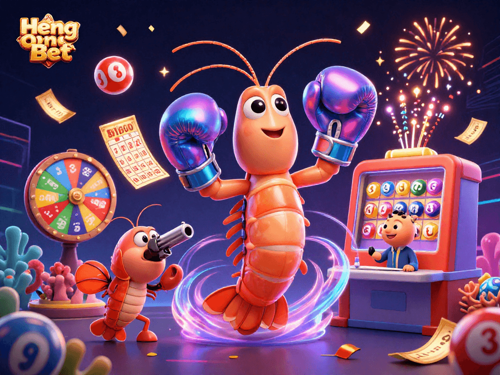 Engage in thrilling wins with Heng Ong Bet while vibrant colorful lottery elements surround dynamic characters.