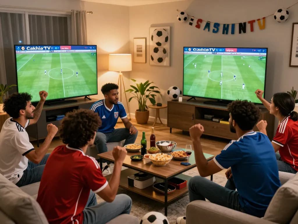 Cakhiatv live soccer match experience with friends in a lively living room setting.