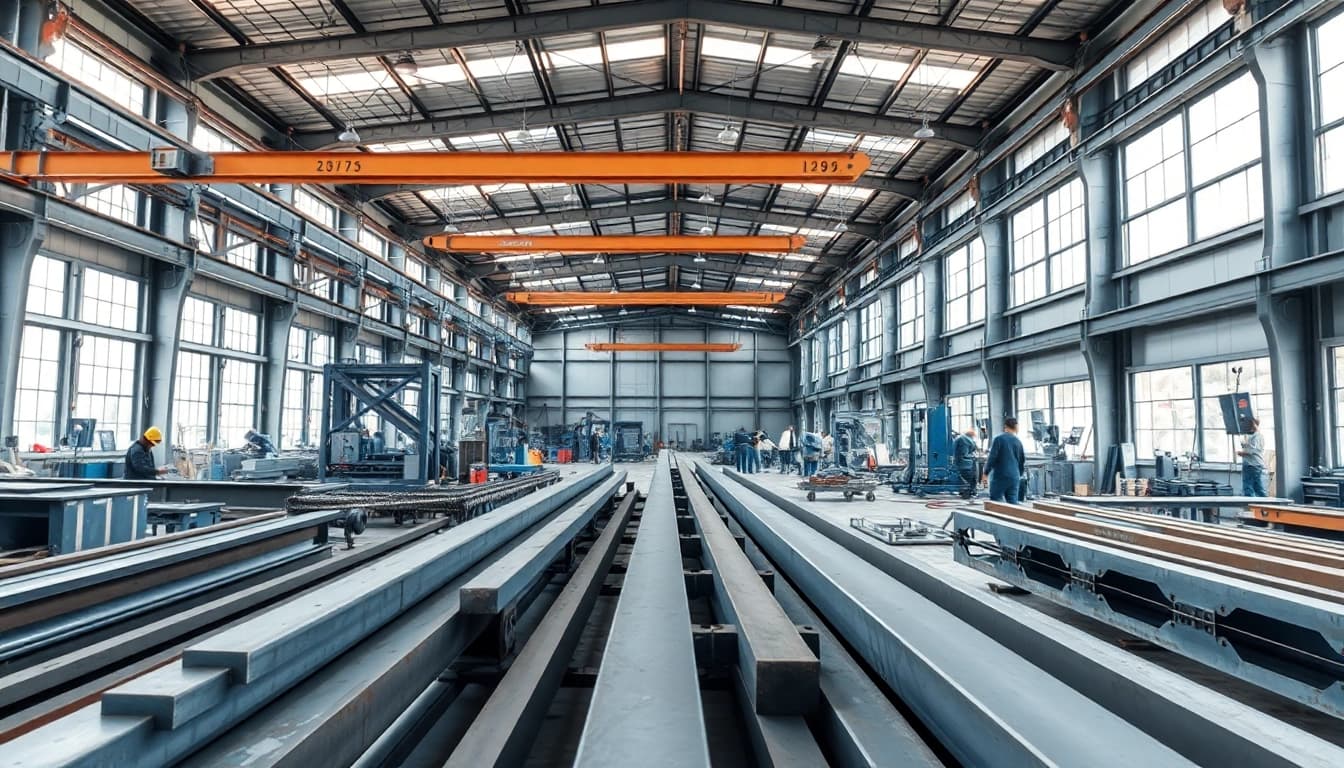 Workers engaged in structural steel fabrication showcasing teamwork in a professional workshop.