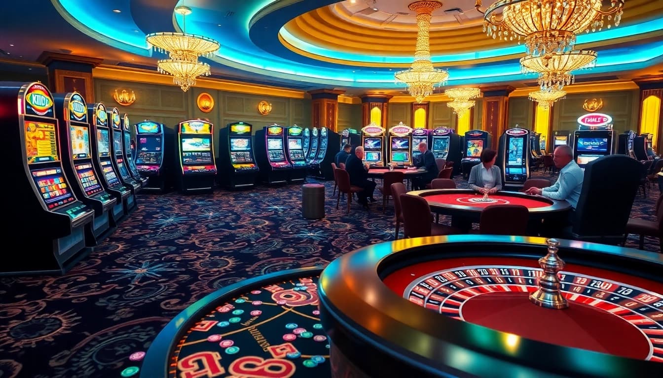 The vibrant casino scene at KJC AC showcasing exciting gambling activities including slot machines and poker.