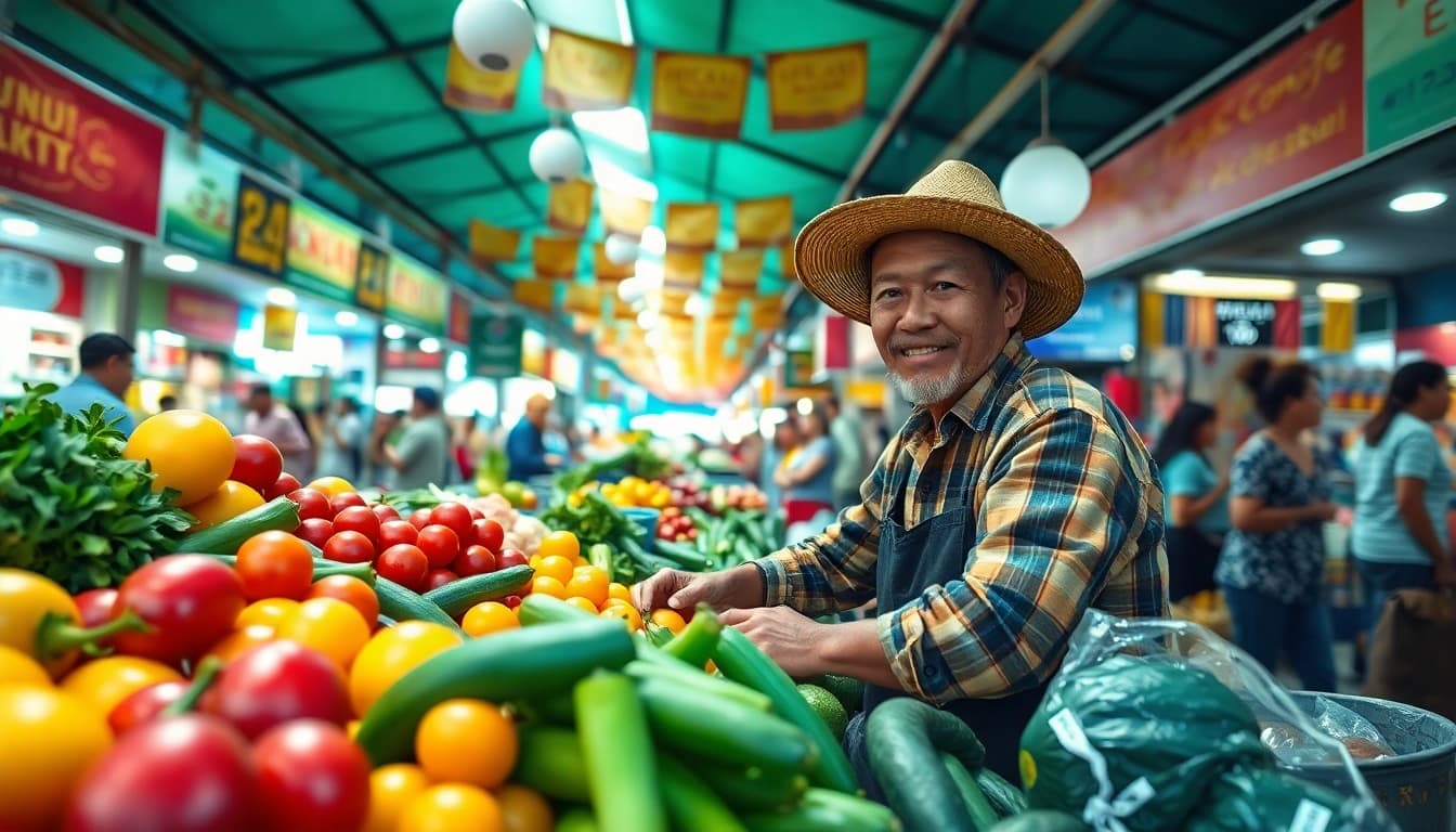 Petani toto menjual hasil pertanian segar di pasar yang ramai.