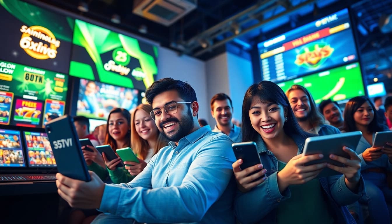 Exciting scene of diverse players enjoying online betting on 55VV with engaging visuals and modern technology.