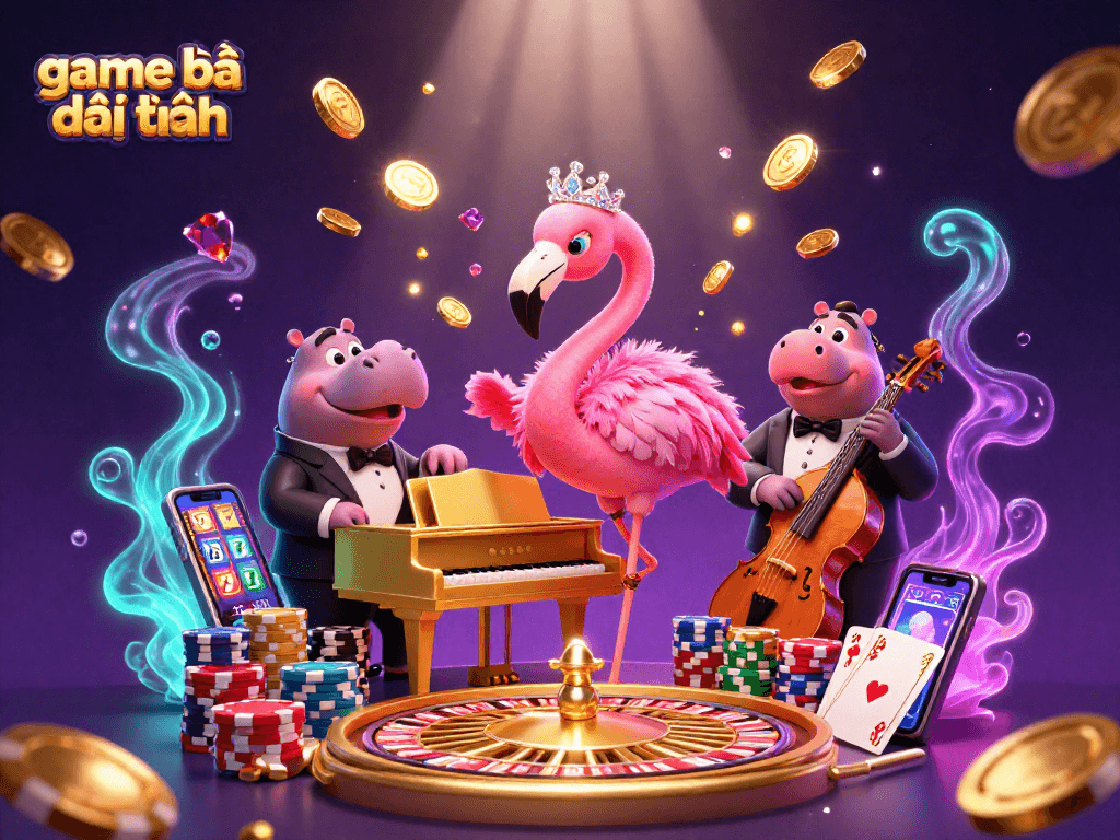 Engage with game bài đổi thưởng as a flamboyant flamingo serenades at a vibrant casino scene.