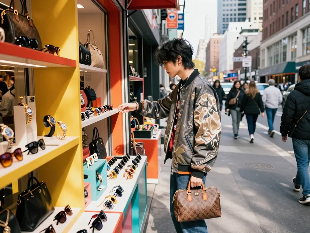 Explore high-quality 레플리카 사이트 accessories in a vibrant urban fashion scene.
