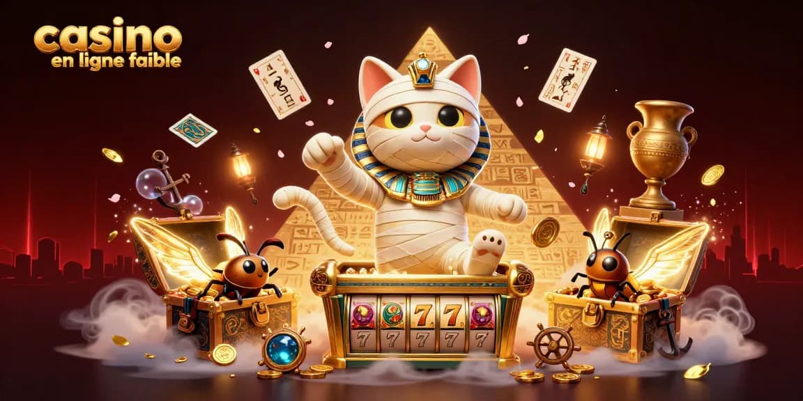 Ce casino en ligne fiable présente un chat momie égyptien émergeant d'un sarcophage avec des éléments de jeu colorés et dynamiques.
