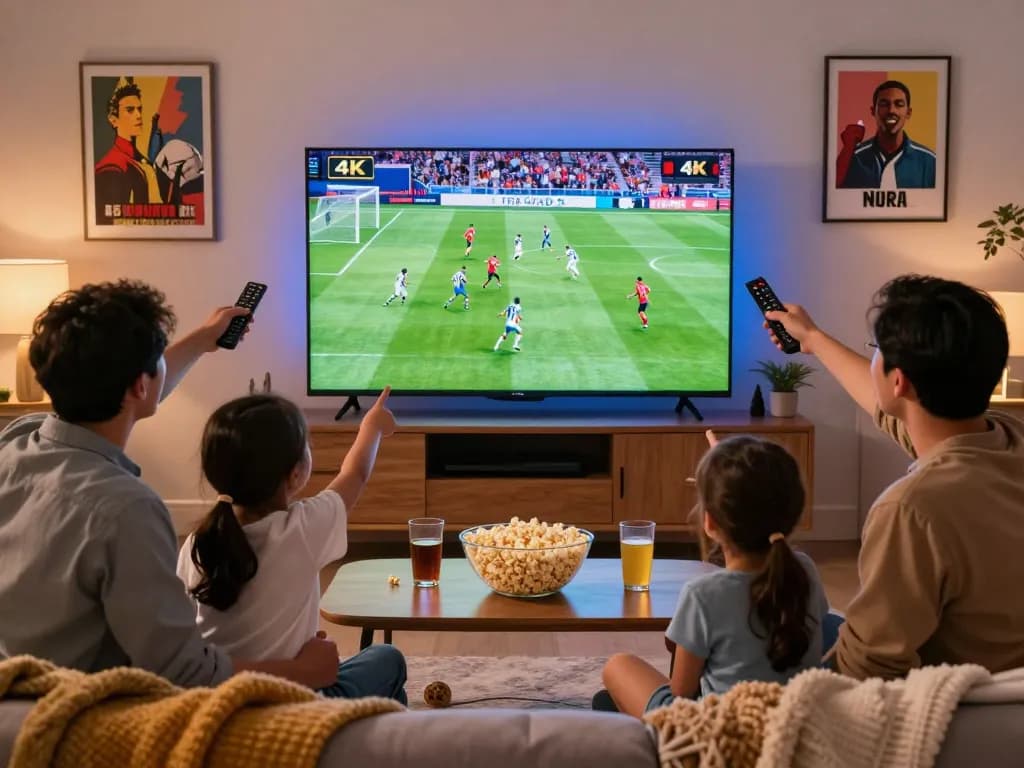 Verheugd gezin geniet van IPTV kopen in 4K kwaliteit streaming van sport en films.